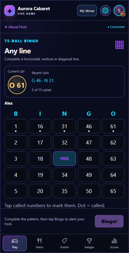 Fictional Bingo player screen with a card, recent calls and a Bingo button.